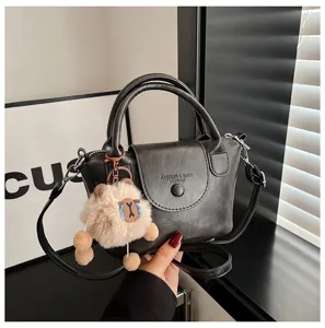 Women vintage black PU leather handbag with cute plush bear charm crossbody shoulder bag