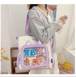 Cute college style ita canvas tote bag with transparent window, large capacity commuting.