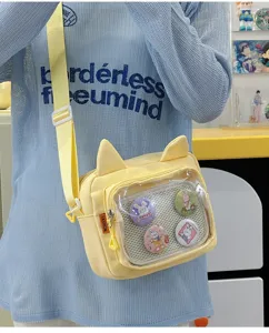 Cute cat ear transparent canvas shoulder bag ita bag with pin badge display window casual.