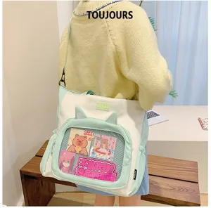 Cute canvas ita bag with clear window, large capacity shoulder tote bag for school commute.
