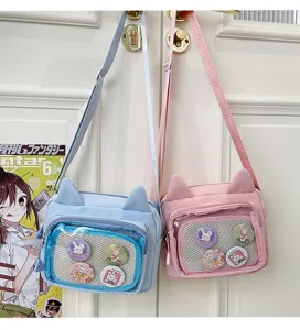 Cute cat ear transparent ita bag shoulder crossbody bag with pins for daily and cosplay use.