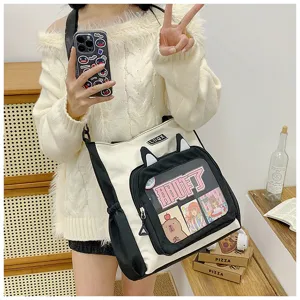 College style cute canvas tote pain bag with clear window, large capacity casual handbag.