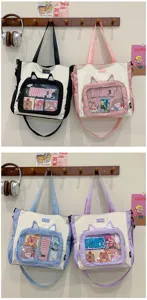 Cute college style canvas tote bag with transparent ita pocket, large capacity commuter bag.
