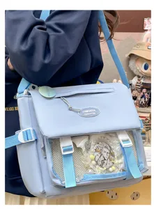 Cute student style messenger bag with transparent ita pocket, large capacity casual shoulder bag.