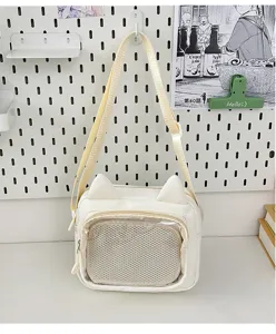 Kawaii white canvas ita bag with cute cat ears and clear mesh pocket for daily use.