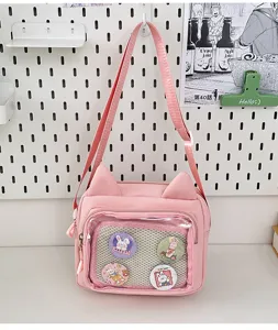 Pink cat ear shoulder bag with clear front pocket, sweet style cute ita bag for daily wear.