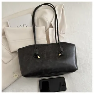 Vintage Black Leather Tote Bag for Women, Large Capacity Elegant Shoulder Handbag Commute