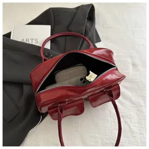 Red patent leather bowling boston handbag retro shoulder tote bag with front pockets