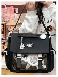 Cute Japanese college style black messenger bag, large capacity canvas student shoulder bag.