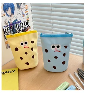 Cute cookie style canvas pencil case with large capacity foldable student stationery storage bag