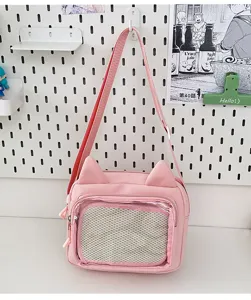 Pink cat ear shoulder bag with clear window, cute ita crossbody bag for daily casual use.