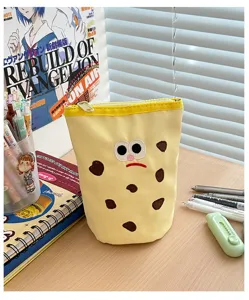 Cute canvas cookie pencil pouch detail, yellow cartoon stationery storage bag desk decor