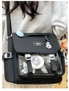 Detail shot of a cute Japanese style messenger backpack featuring a clear front window and badge.