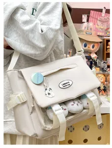 Japanese style canvas messenger bag with clear pocket, cute student shoulder bag.