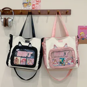 Preppy Style Canvas Tote Bag Large Capacity Commuter School Bag With Clear Ita Pocket And Cat Ear Design
