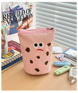 Cute canvas pencil pouch with cookie design, large capacity foldable stationery storage bag.