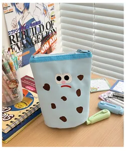 Cute cookie style canvas pencil pouch, large capacity foldable storage bag for students.