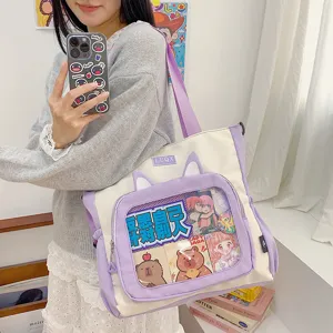 College style cute canvas itabag large capacity tote bag with transparent window and cat ears.