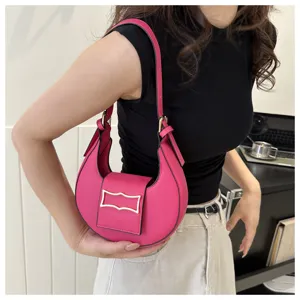 Hot pink crescent shoulder bag for women, stylish hobo underarm bag, casual daily handbag.