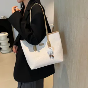 White embossed tote bag for women large capacity shoulder bag cute commuting school bag