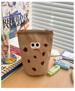 Cute foldable canvas pencil case featuring a sad cookie design, large capacity for stationery.