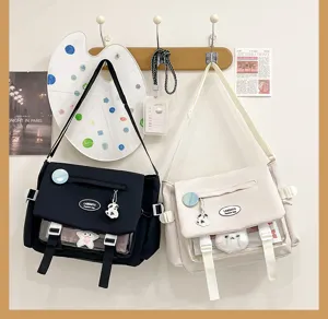 Cute college style canvas messenger bag, large capacity Japanese student shoulder bag, daily use.