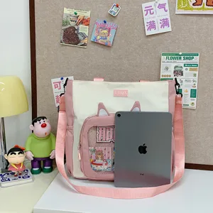 Cute canvas tote bag with cat ears, large capacity aesthetic school shoulder bag for girls.
