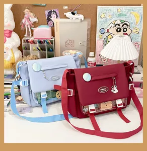 Cute college style messenger bag, large capacity canvas shoulder bag with clear front pocket.
