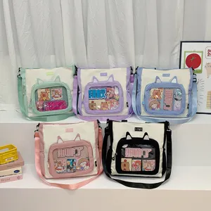 Cute canvas ita bag with clear window casual shoulder tote bag for daily commute