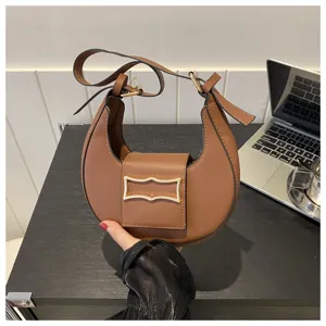 Brown crescent hobo shoulder bag stylish chic women daily crossbody bag accessory detail view