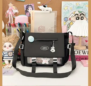 Black canvas student messenger bag with transparent window, large capacity, cute Japanese style.