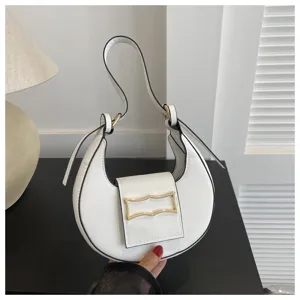 White crescent shoulder bag for women, stylish underarm purse, trendy PU leather crossbody.