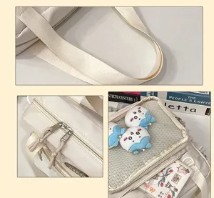 Detail view of cute PU ita backpack featuring durable straps, smooth zippers, and transparent window.