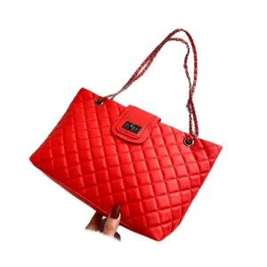 Red quilted shoulder bag women chain strap tote handbag stylish casual underarm bag