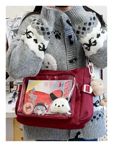 College style large capacity messenger bag with transparent window for pins and dolls.