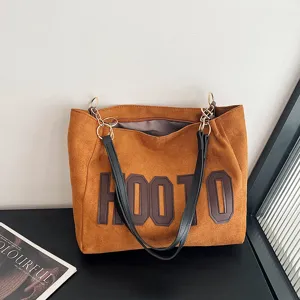 Large capacity brown suede tote shoulder bag for women, stylish everyday commuter bag.
