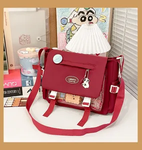Cute Japanese ins style messenger bag, large capacity canvas crossbody bag for students.