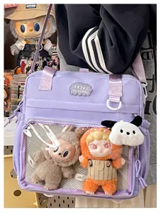 Cute purple PU ita bag with clear front window, student style casual crossbody bag