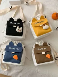 Canvas crossbody bag for women, cute student messenger bag with rabbit ears and print.