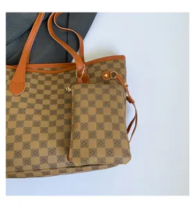 Korean style checkered tote bag for women, large capacity shoulder bag with matching pouch stylish.