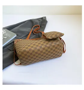 Stylish checkerboard tote bag with matching pouch, large capacity shoulder bag for women.