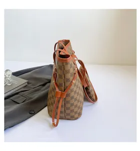 Korean style plaid tote bag for women, large capacity brown shoulder bag with matching pouch.