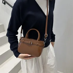 Stylish retro brown small square handbag, elegant solid color PU leather crossbody bag for daily.