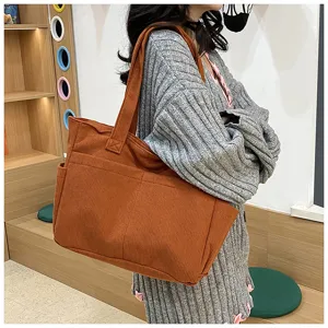 Casual corduroy tote bag for women, large capacity shoulder bag for daily use and school.
