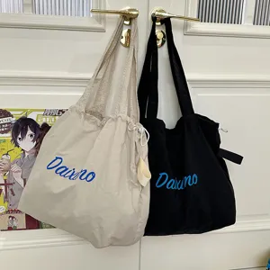 Nylon Drawstring Tote Bag Large Capacity Casual Shoulder Bag Lightweight Student Commuter Handbag Casual Shopping Bag