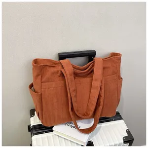 Brown corduroy tote bag large capacity shoulder handbag for daily use casual commuter bag stylish