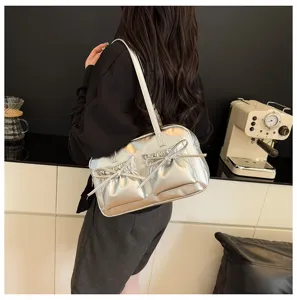 Silver metallic bowling shoulder bag with cute double front bow pockets for women chic daily