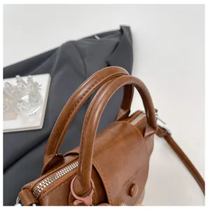 Brown faux leather handbag women retro style top handle crossbody bag casual shoulder bag
