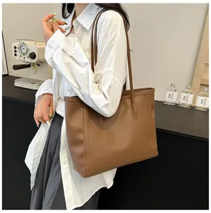 Brown PU leather shoulder tote bag, large capacity minimalist design for women daily commute.