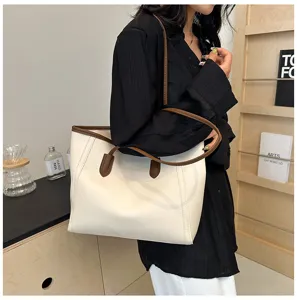 Women stylish PU leather contrast color tote shoulder bag casual commuter handbag detail